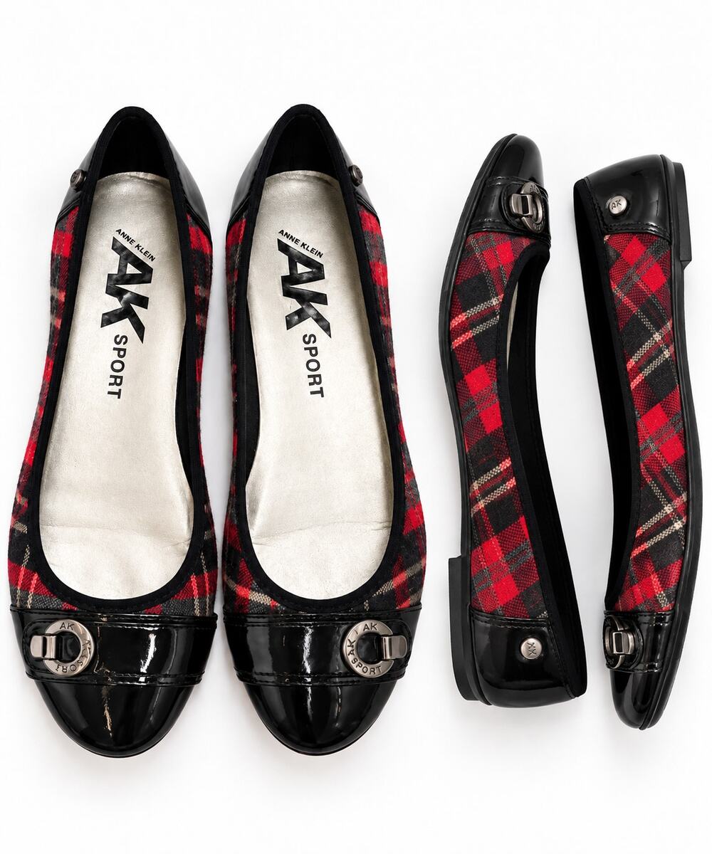 Anne Klein AK Sport Ballet Flats Womens 10M Red Black Plaid Patent Toe Shoes
